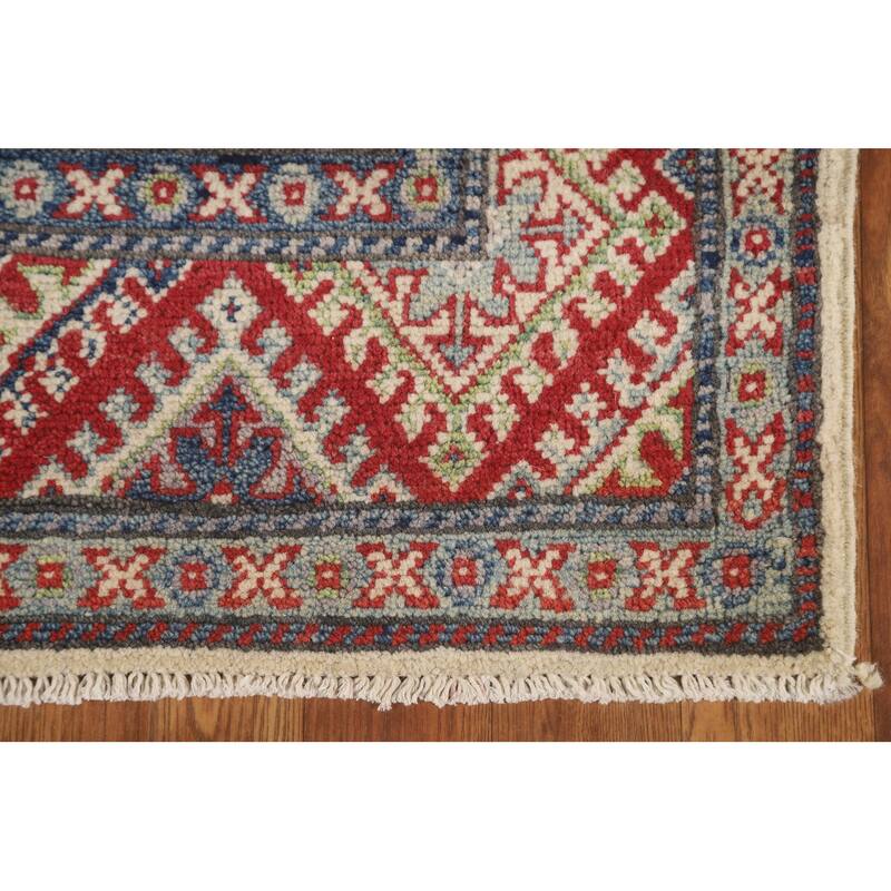 Geometric Kazak Runner Rug Handmade Beige Wool Carpet - 2'7" x 15'6"