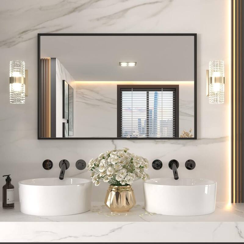 Aluminum Alloy Frame Tempered Glass Shatterproof Wall Mirror Clear Reflection Easy Mounting - 48"x32"