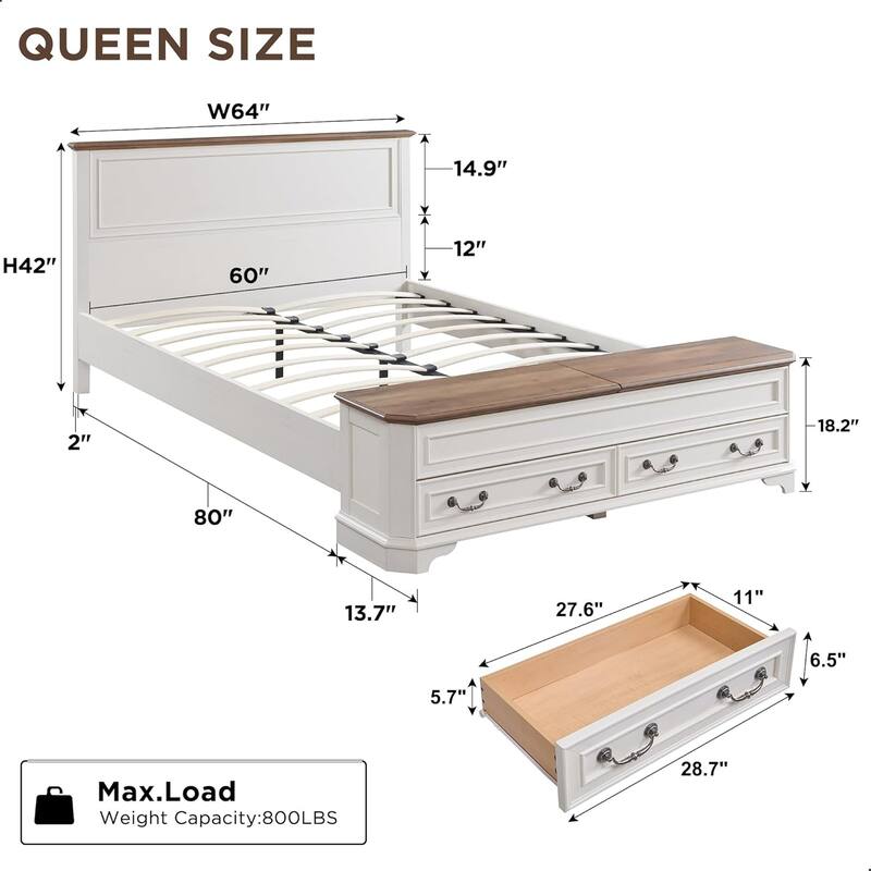 Farmhouse Bed Frame w/ Headboard & Storage Bench, Wood Platform Bed