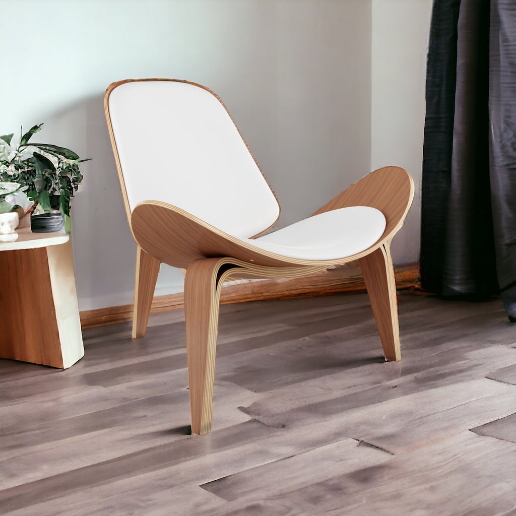 HomeRoots 36" White And Wood Brown Faux Leather Lounge Chair - 36' X '30' X '33