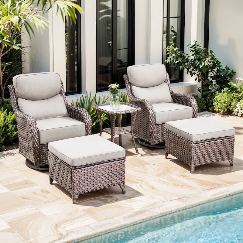 Gymojoy 5-Piece Patio Swivel Glider Chair Ottoman Set with Side Table, 6-Inch Ultra-Plush Cushions - Brown Wicker / Beige Cusion - 5-Piece