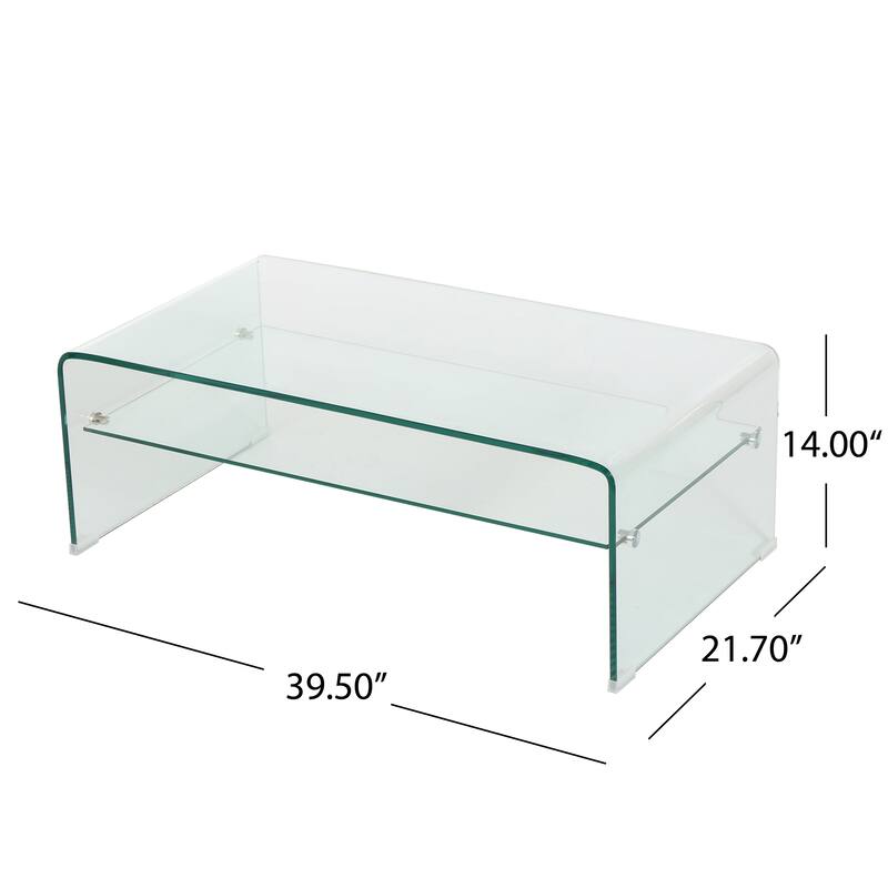 Roomfitters Modern Tempered Glass Coffee Table with 12 mm Bent Top & 8 mm Shelf, Clear Minimalist Living Room Table