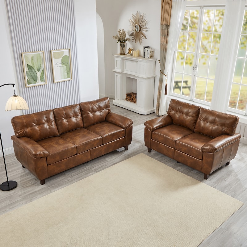 Faux Leather Upholstered Sofa Set of 2 with Loveseat and 3 Seater Couch, Breathable PU Leather Sofa with Storage and Big Armrest