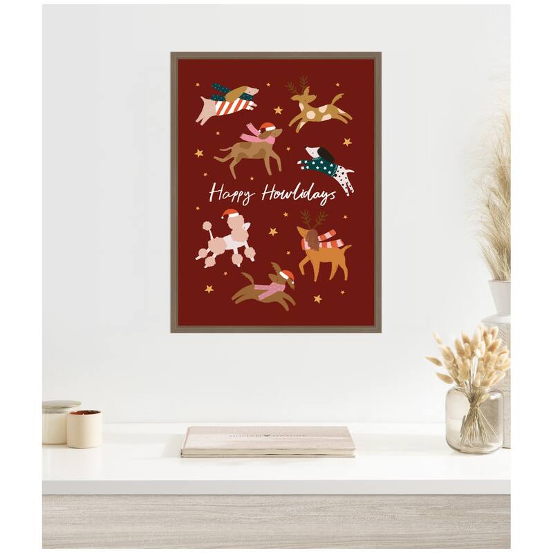 Kate and Laurel Sylvie Framed Canvas Happy Howlidays by Aislinn Simmonds Duchess Plum