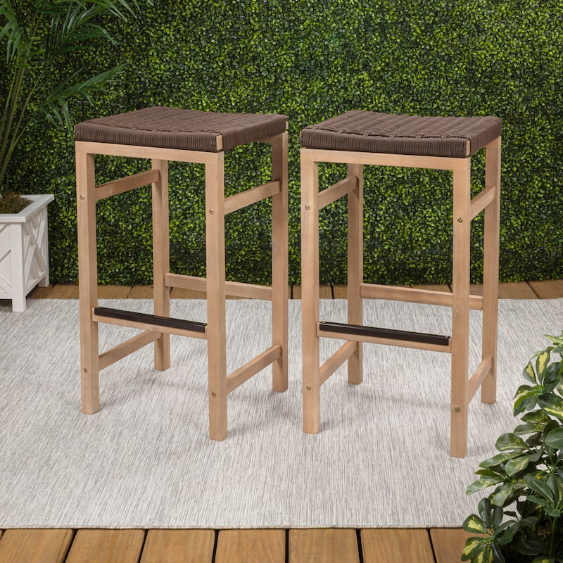 Armand Backless Acacia Wood Outdoor Stool with Woven Rope Seat, (Set of 2) - Brown - Bar Height