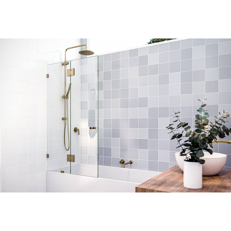 Glass Warehouse 58.25" x 34" Frameless Shower Bath Door - Glass Hinge - Polished Brass