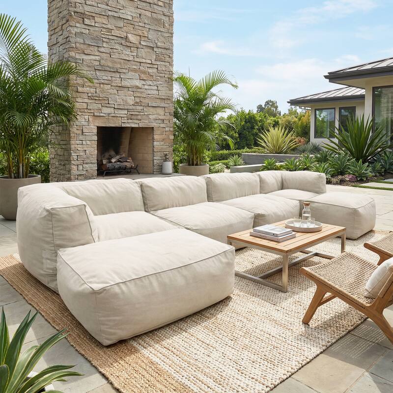 Christopher Knight Home - Nerissa 6-Piece Modular Outdoor/Indoor Bean Bag Sectional Sofa Set with Shredded Foam Filled & Ottoman