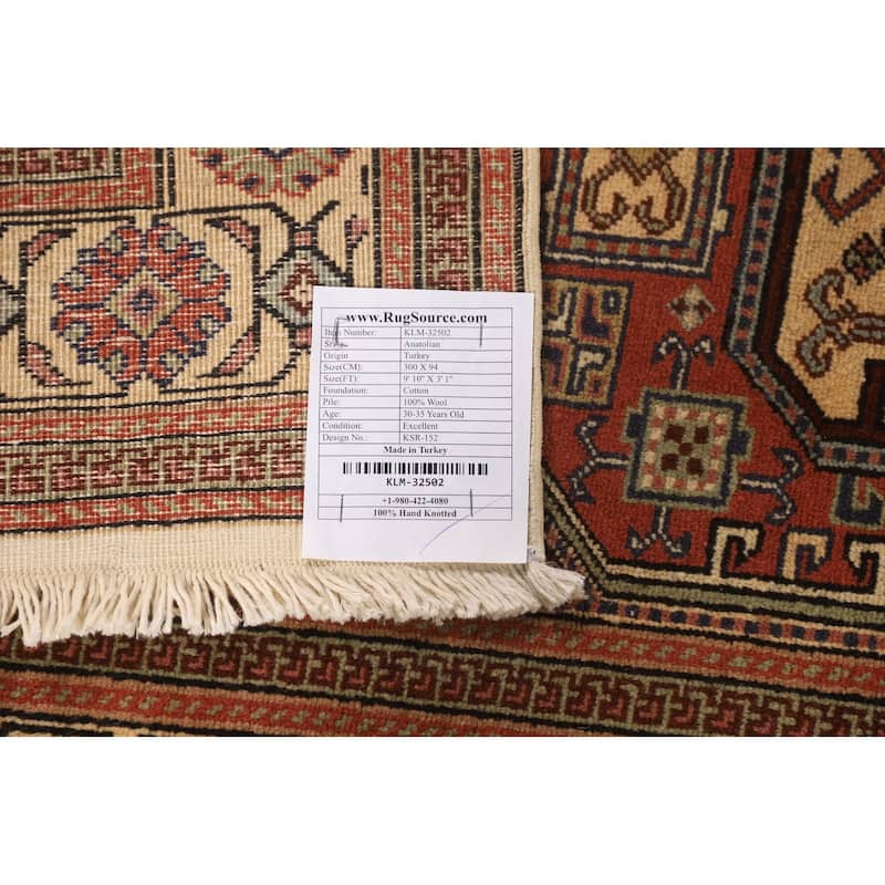 Geometric Anatolian Vintage Runner Rug Hand-Knotted Wool Carpet - 3'1" X 9'10"