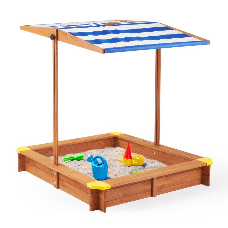 Kids Sandbox with Cover, 46" Wooden Sand Box w/Adjustable Canopy, Large Outdoor Cedar Sandpit for Backyard Play