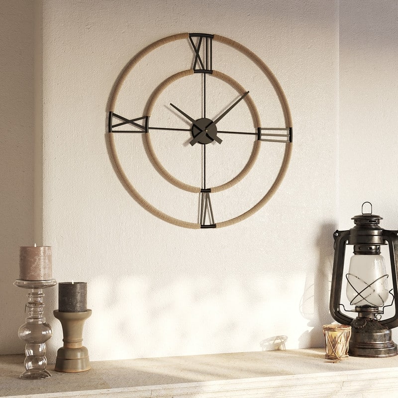 Oriana Farmhouse Rattan-Wrapped Metal Wall Clock - 23.75"H x 23.75"W x 0.75"D