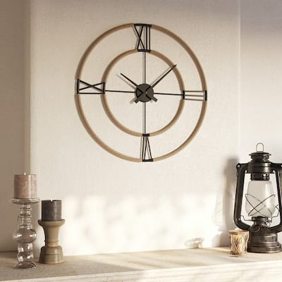 Oriana Farmhouse Rattan-Wrapped Metal Wall Clock - 23.75"H x 23.75"W x 0.75"D