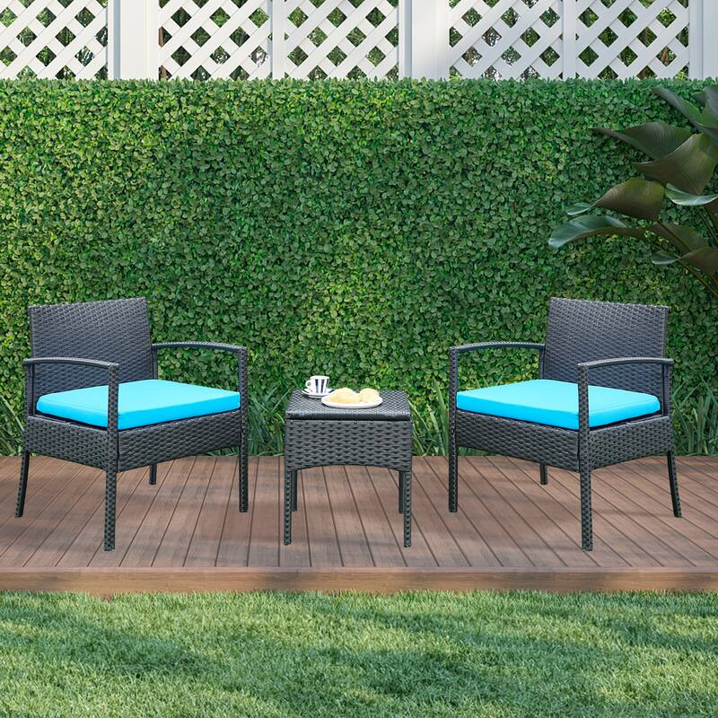 Outdoor Furniture 3 Piece Patio Bistro Furniture Set, Rattan Conversation Chairs Set with Side Table and Cushions