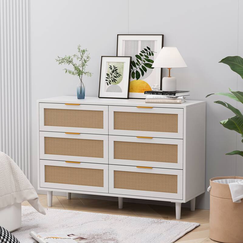 43.31" Rattan Chest of Dresser with Storage, 6 Drawer Dresser for Bedroom, White - White - 6-drawer
