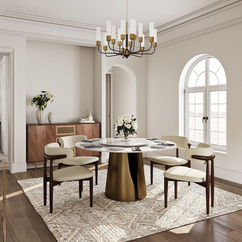Modern Round White Dining Table，Sintered Stone Tabletop, Solid Black Carbon Steel Base