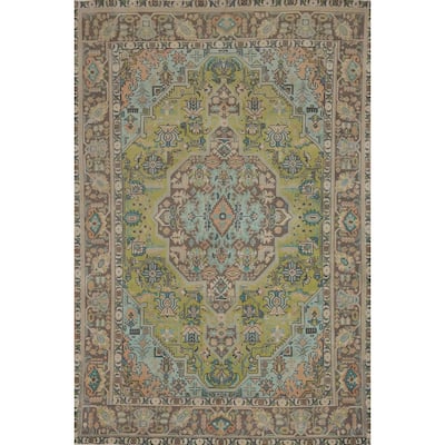 Hand Knotted Oriental 100% Wool Carpet Traditional Medallion Green Tabriz Area Rug - 9' 2'' X 6' 5''