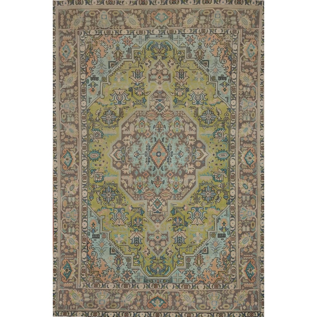 Hand Knotted Oriental 100% Wool Carpet Traditional Medallion Green Tabriz Area Rug - 9' 2'' X 6' 5''