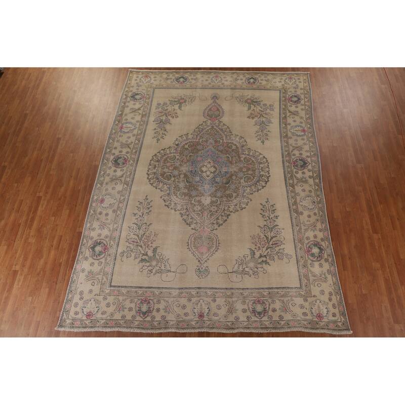 Distressed Geometric Tabriz Persian Rug Hand-knotted Wool Carpet - 9'8" x 12'11"