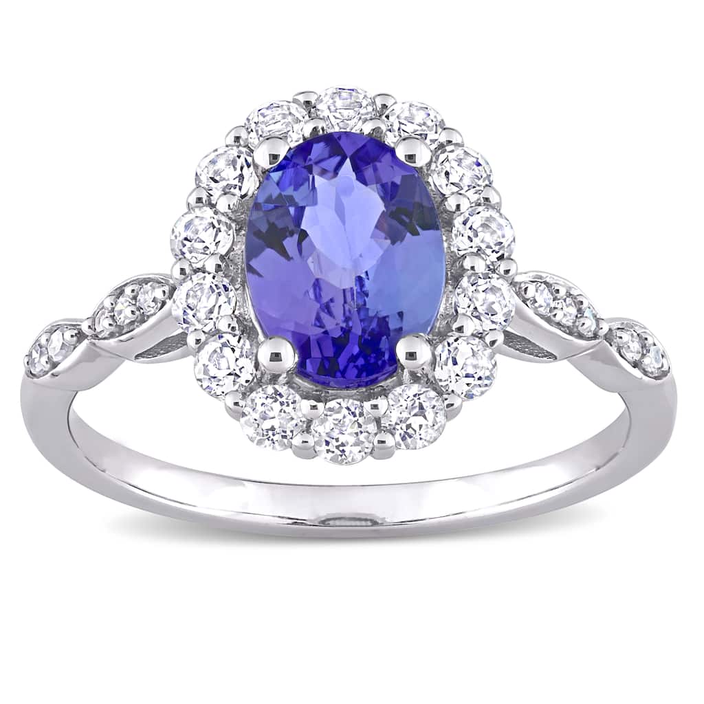 Miadora 14k White Gold Oval-cut Tanzanite, White Topaz and Diamond Accent Halo Cocktail Ring