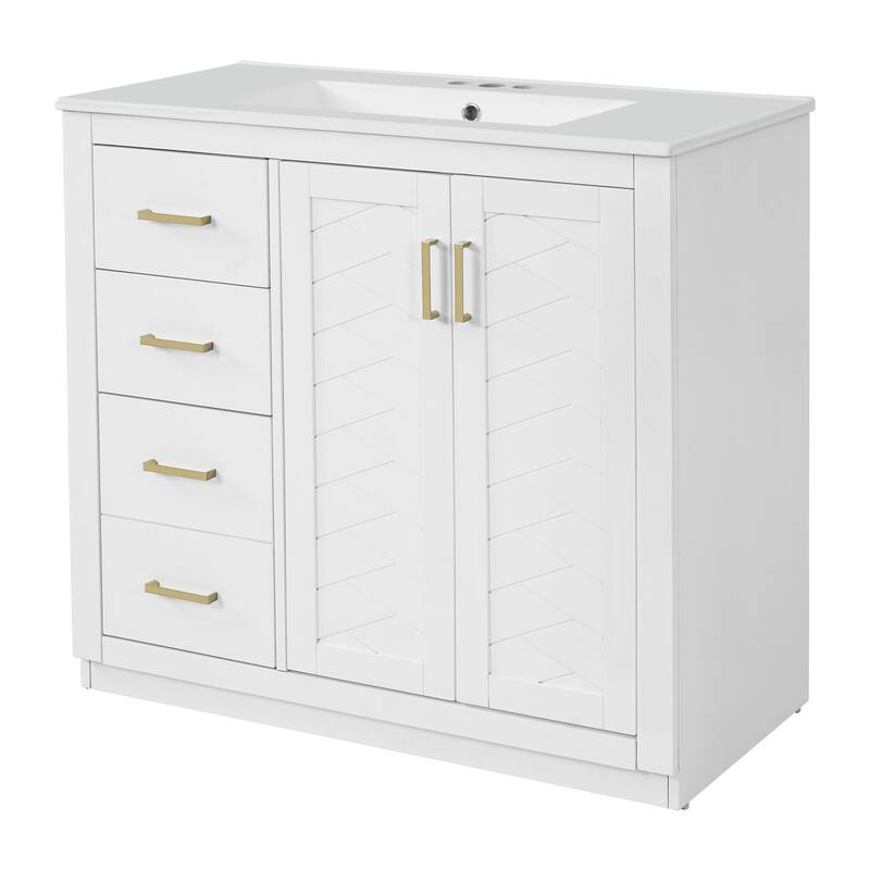 36'' Bathroom Vanity with Ceramic Sink Combo, Solid Wood Frame Bathroom Storage Cabinet