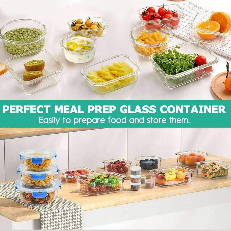 34pcs Glass Food Storage Containers with Lids Set, Airtight Glass Meal Prep Containers (17 Containers & 17 Lids)