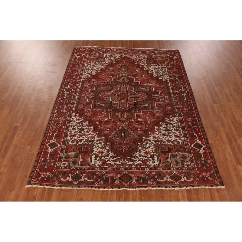 Hand Knotted Oriental 100% Wool Carpet Traditional Medallion Red Heriz Area Rug - 9' 1'' X 6' 11''
