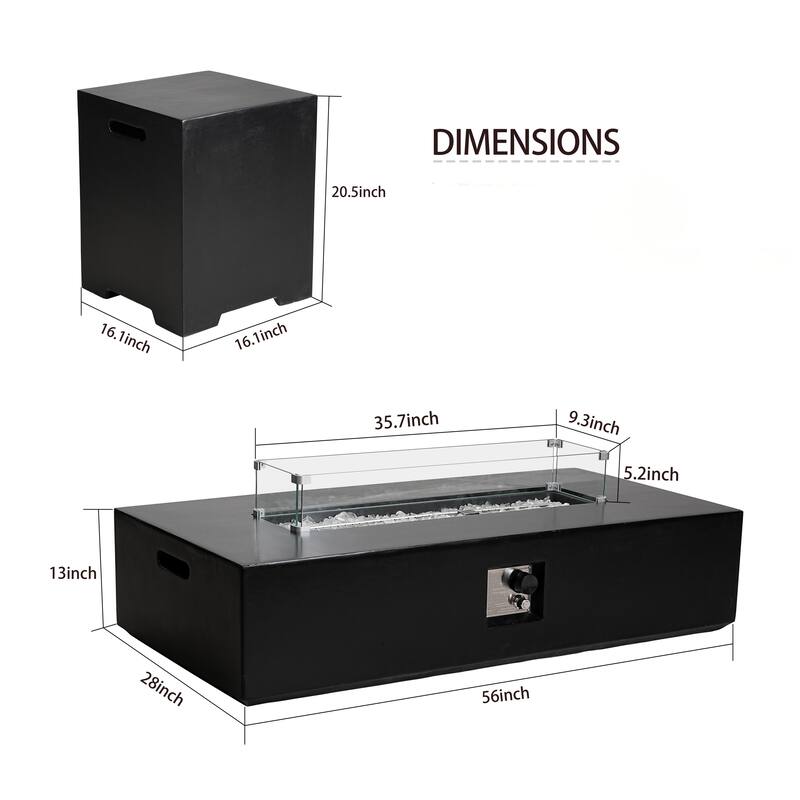 3-Piece Outdoor Propane Rectangle Fire Pit With Tank Table, Wind Glass