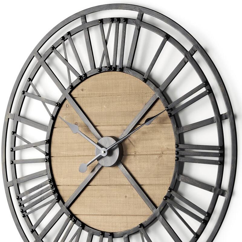 HomeRoots 30" Black And Natural Iron And Wood Analog Round Wall Clock - 30.12 in. x 30.12 in. x 1.97 in.