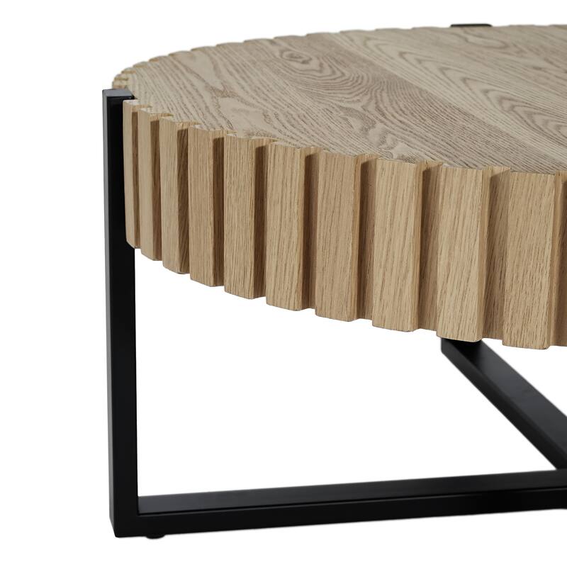 Round Coffee Table, Handcraft Drum Coffee Table with Gear Design & Cross Metal Base, Wood Grain MDF Top