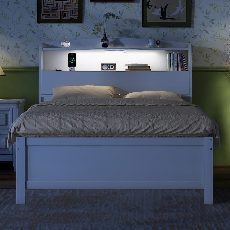 Wooden LED Platform Bed Frame with Pull Out Trundle, Drawers and Storage Headboard