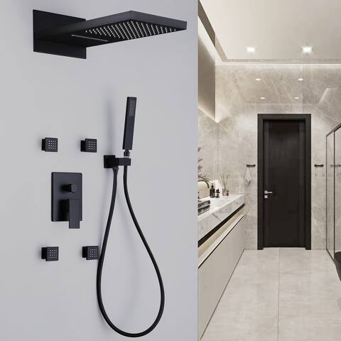 4-Way Pressure Balanced Complete Rain and Waterfall Shower System Black with 4-Body Jets, Wall Mounted