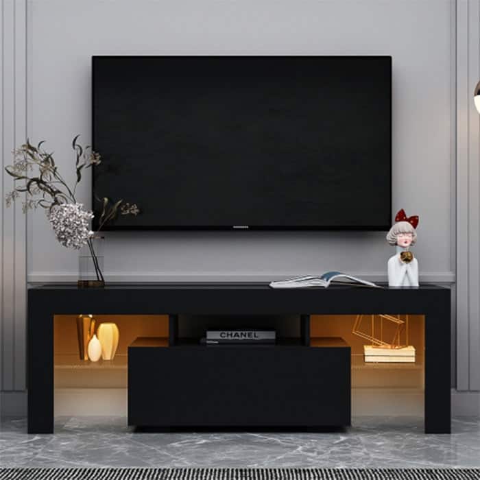 Black TV Stand MDF Large TV Base with LED Light TV Cabinet.