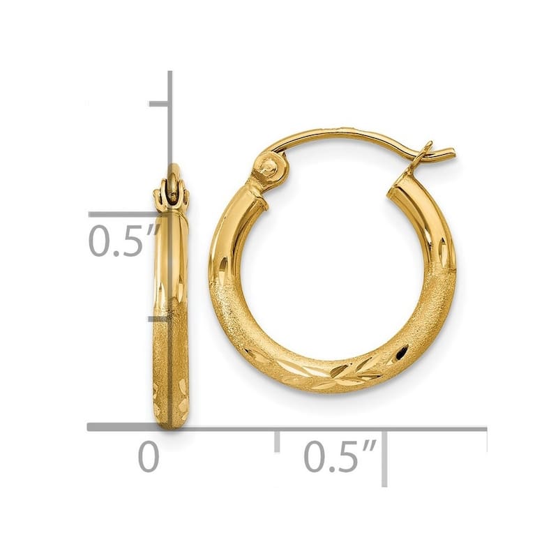 Curata 14k Yellow Gold Satin and Sparkle Cut Round Tube Hoop Earrings - 15x15mm