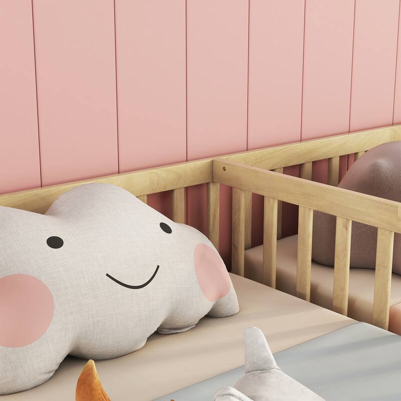 Roomfitters Double Twin Floor Bed Frame with Fence and Guardrails, Low Profile Shared Platform Bed, No Door Design