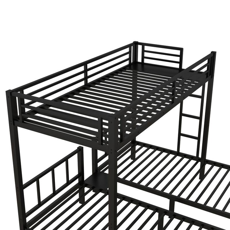 Roomfitters Metal Triple Bunk Bed, Twin over Twin & Twin L-Shaped Bunk Bed with Shelf, Black