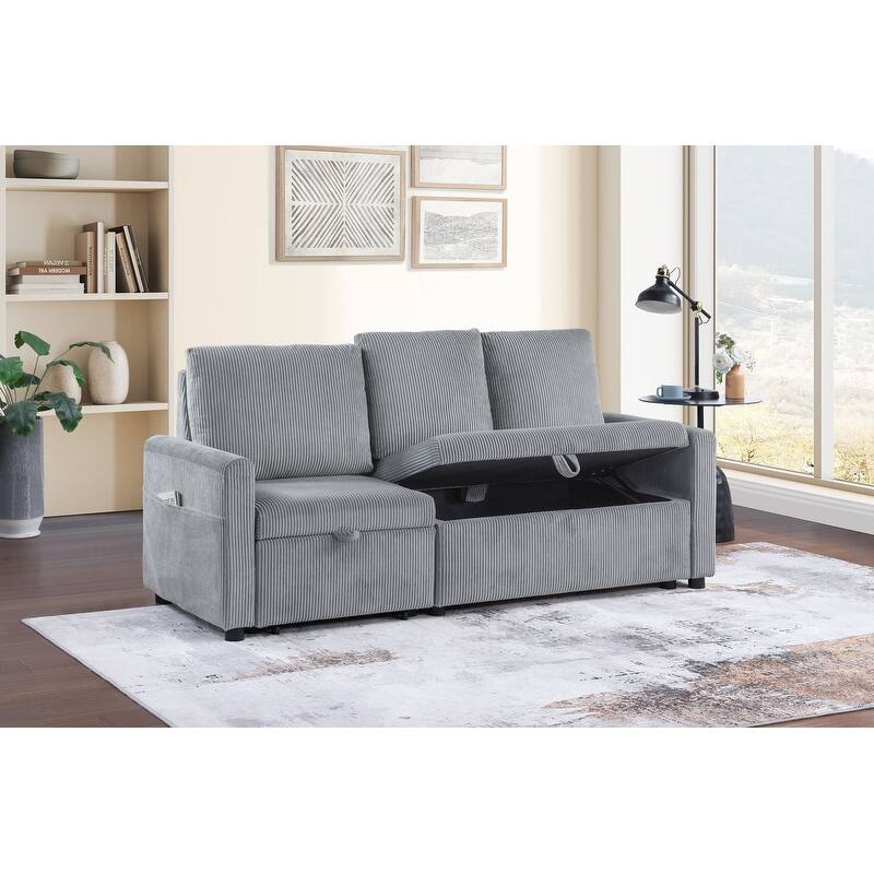 Oswin 70"W Gray Corduroy Sofa with Pull-Out Chaise, Underseat Storage, Side Pocket