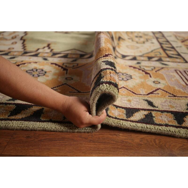 Light Green Geometric Viss Large Indian Rug Hand-Knotted Wool Carpet - 11'10"x 17'11"