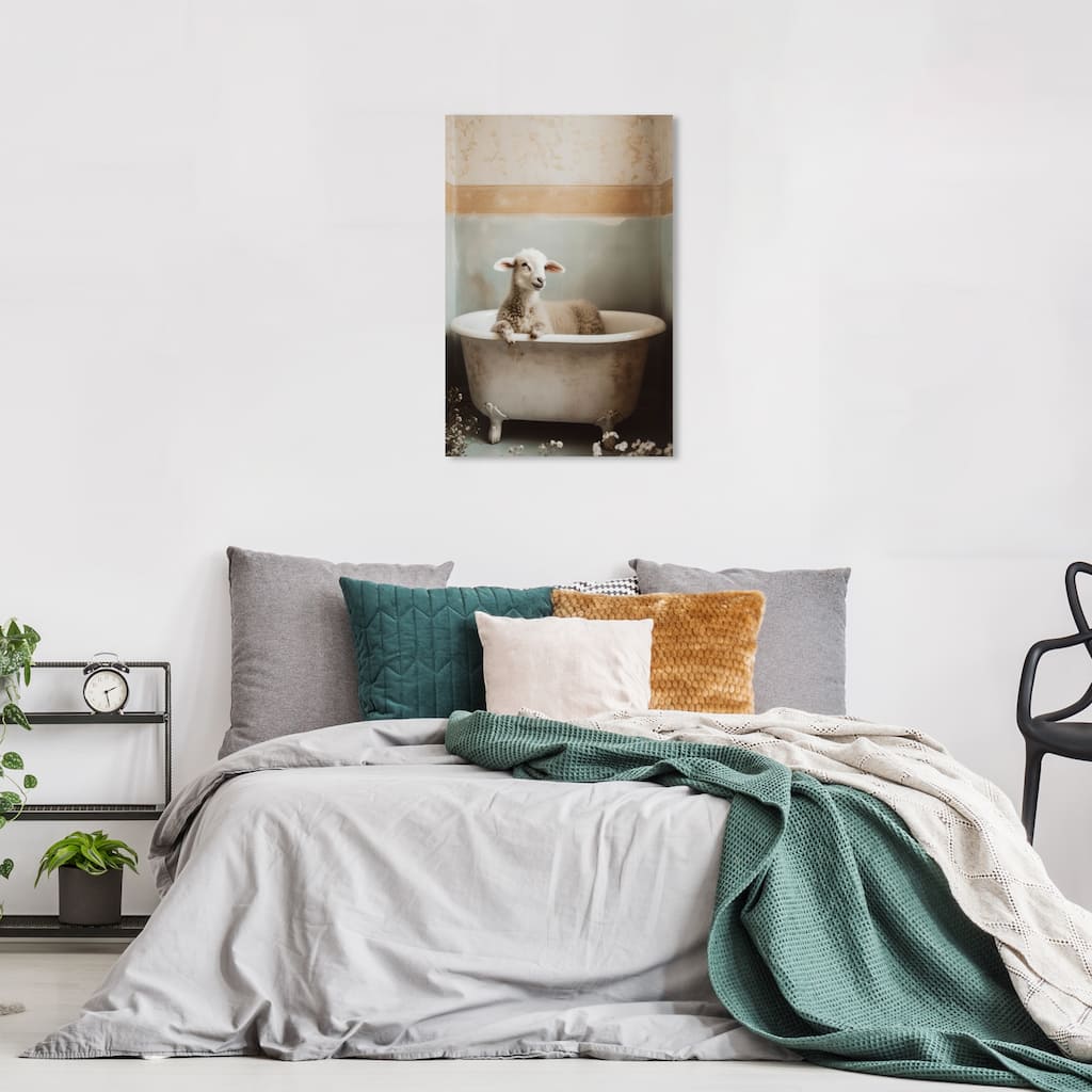 Wynwood Studio Canvas Animals Lamb in a Bath White and Farmhouse Wall Art Canvas Print - White, Gold