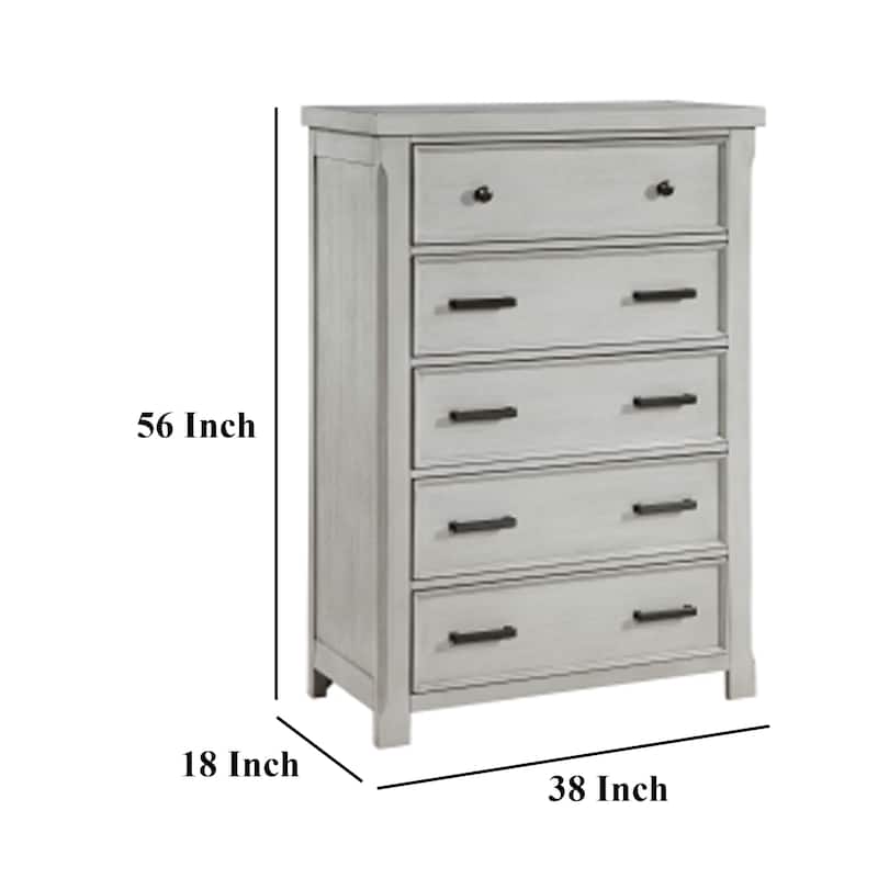 Brok Tall Dresser Chest, 5 Drawer Black Bar Handles, Light Gray Acacia