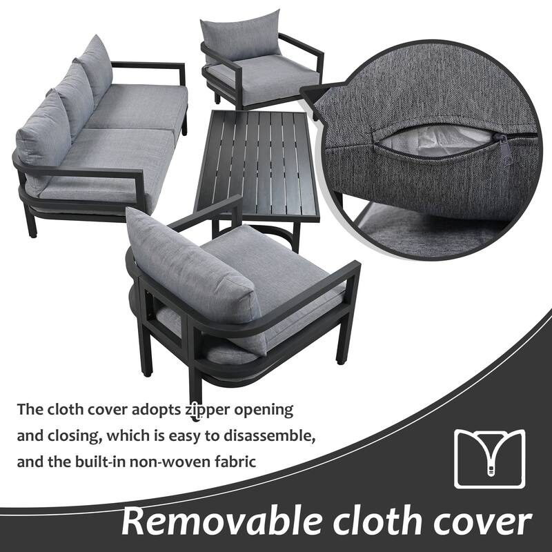 All Weather Steel Outdoor Furniture Set, 4 Seats Patio Conversation Sofa Sets with Coffee Table and Removable Cushions