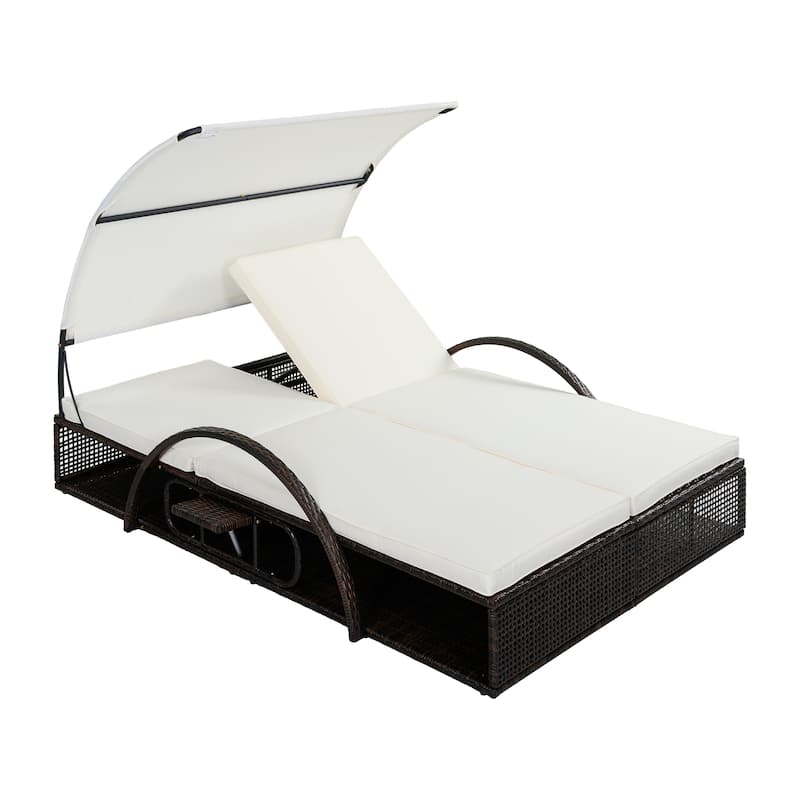 Outdoor Steel Frame Sun Lounger with Adjustable Backrest,Patio Double Sunbed with Hidden Side Table and Arched Armrests