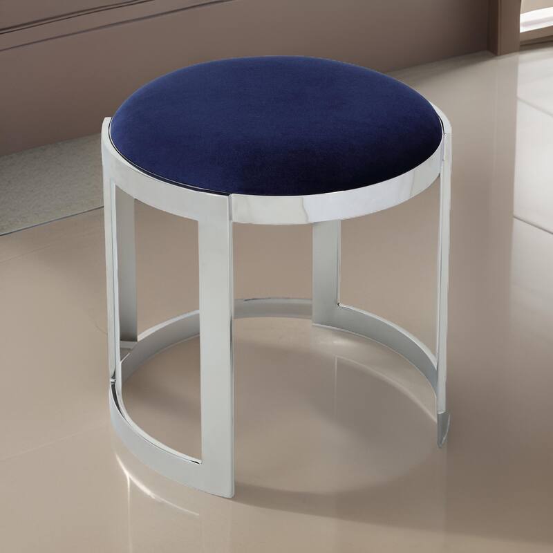 Niyo 19 Inch Accent Stool Ottoman, Round Seat, Soft Blue Velvet, Silver