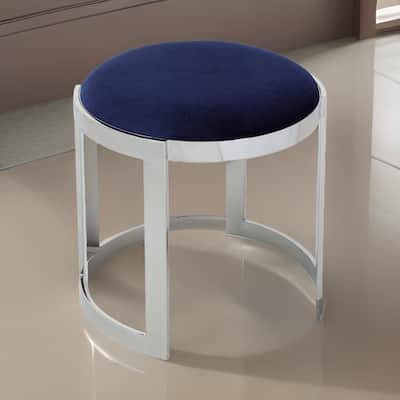 Niyo 19 Inch Accent Stool Ottoman, Round Seat, Soft Blue Velvet, Silver