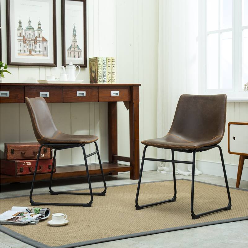 Mid-Century Modern PU Leather Dining Chairs, Set of 2 - Brown
