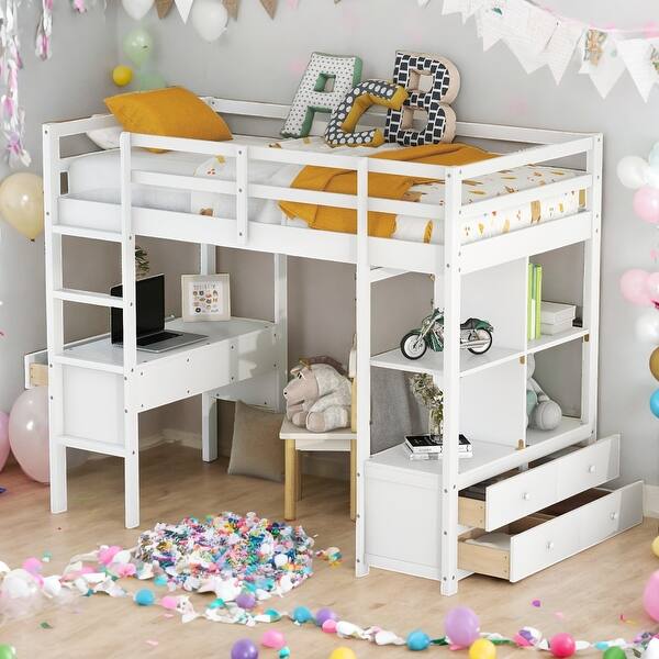 slide 2 of 24, Twin Size Loft Bed with Built-in Desk, Drawers, Storage Shelves, and Cabinets White
