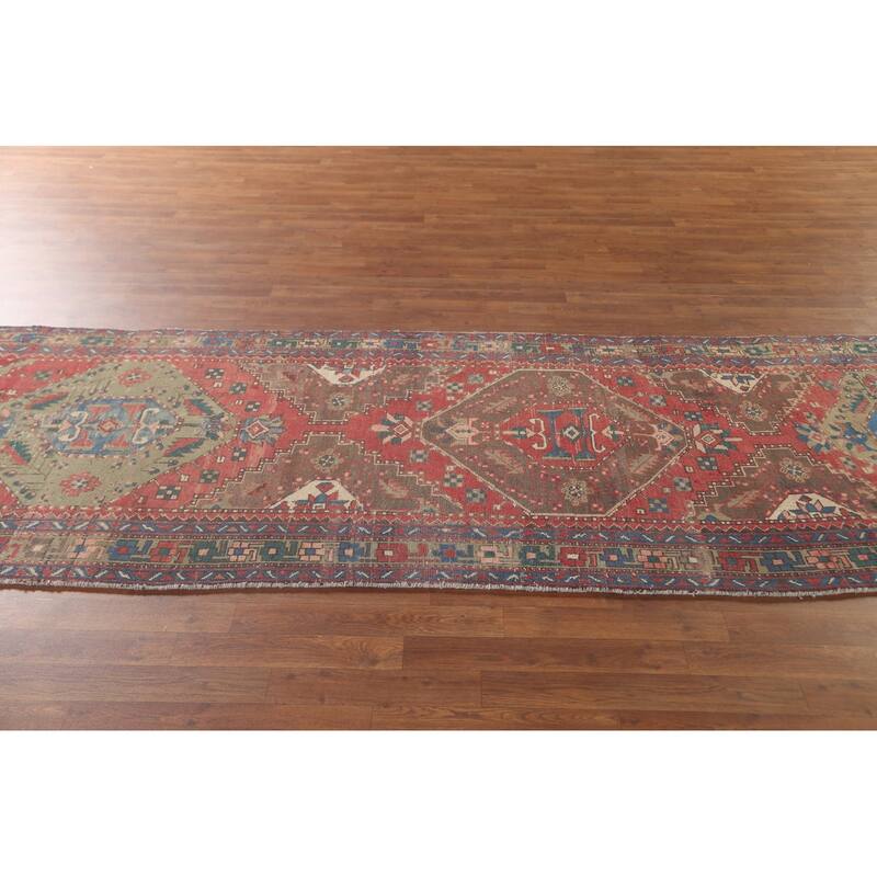 Geometric Tabriz Persian Vintage Runner Rug Handmade Wool Carpet - 3'7"x 11'3"