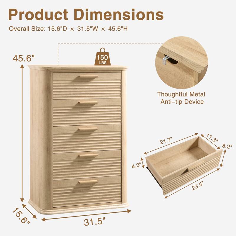 5 Drawers Dresser for Bedroom, 45" Tall Dresser with Curved Profile Design, Wood Fluted Chest of Drawers