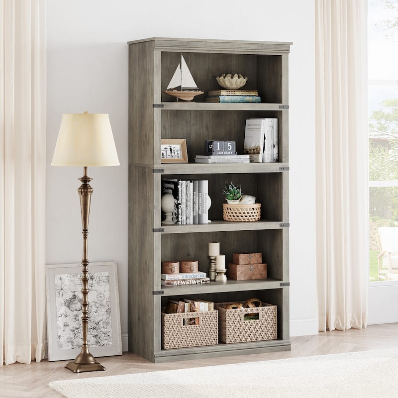 5-Shelf Bookcase, Modern Floor Standing Display Storage Shelves - Grey