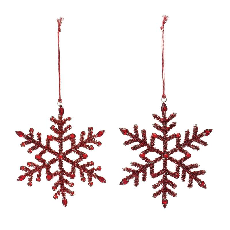 Beaded and Jeweled Snowflake Christmas Ornaments - 5.5" - Red - Set of 12