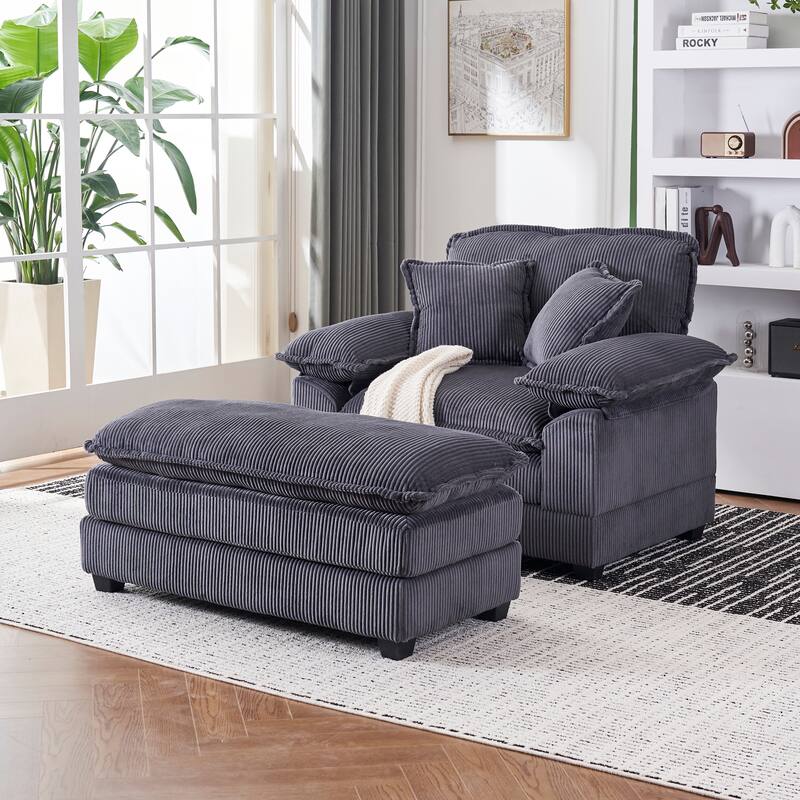 56.3 Inch Corduroy Single Deep Seat Sofa Chair With 2 Toss Pillows and a Ottoman
