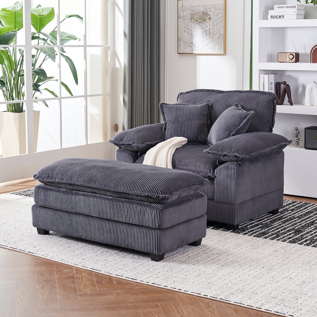 56.3 Inch Corduroy Single Deep Seat Sofa Chair With 2 Toss Pillows and a Ottoman